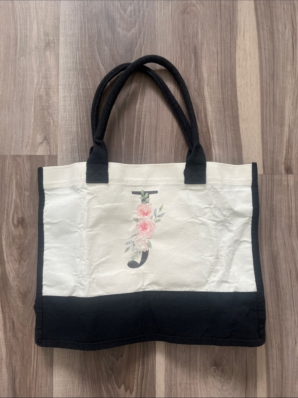 Canvas Floral Initial Tote Bag - Cream & Black